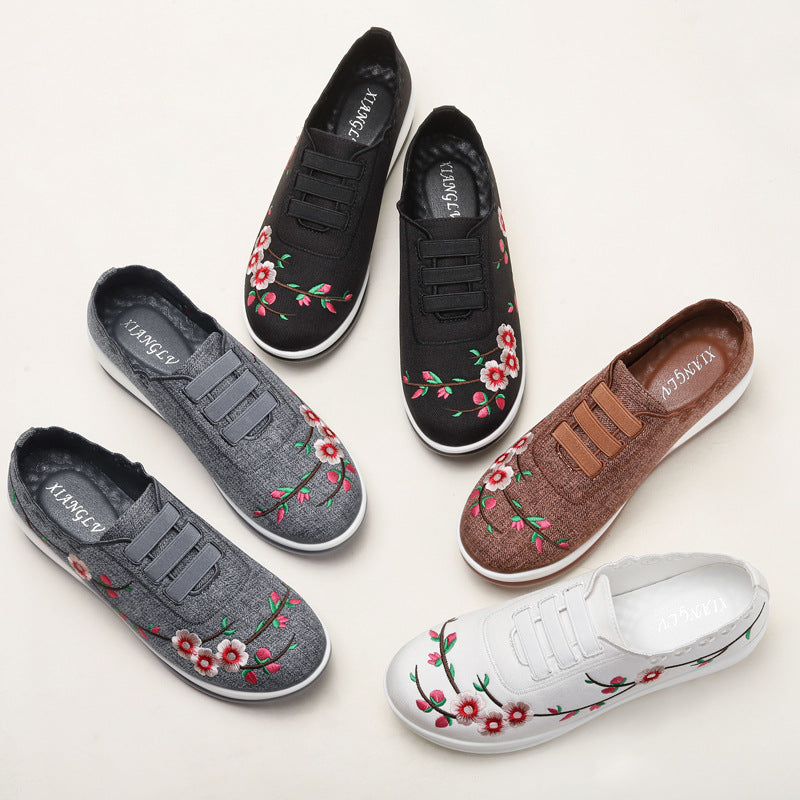 Fly-Knit Sneakers Women's Soft Bottom Breathable Embroidered Lightweight Casual Slip-on Pumps