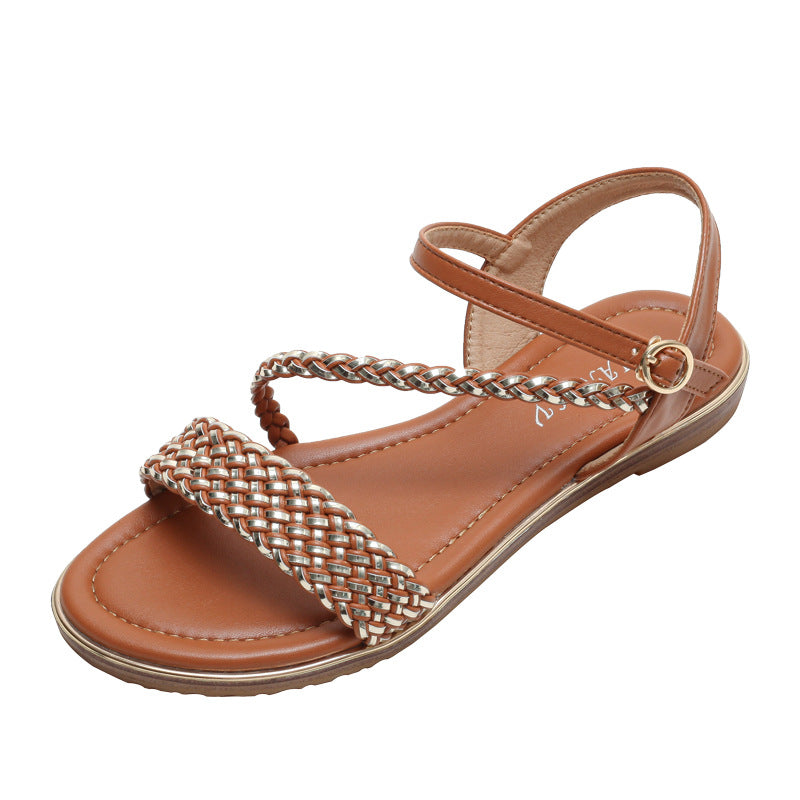 Flat Sandals Women's Comfortable Flat Fashion Sandals Woven Strap Roman Shoes Sandals
