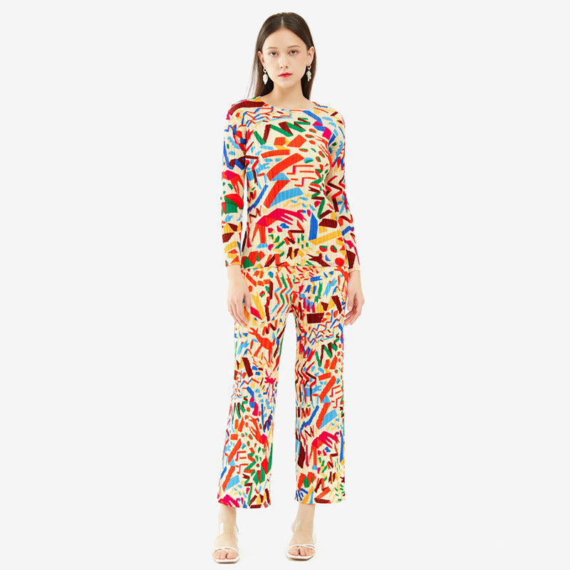 Suit Women Wholesale Printed Long-Sleeved Top Straight-Leg Trousers Two-Piece Set Women
