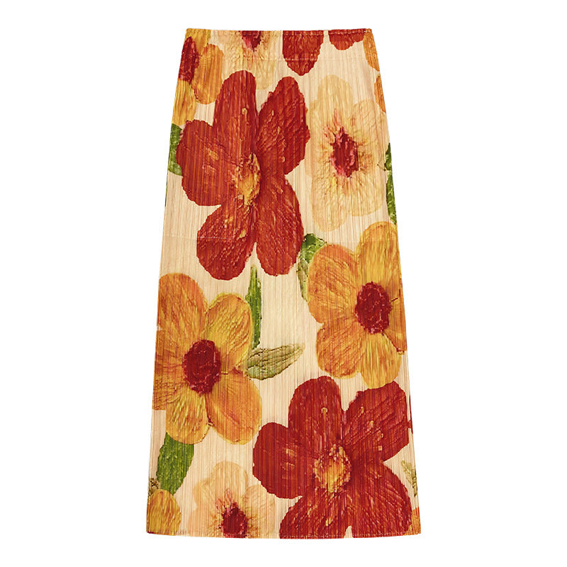 Skirt Collection A- line Skirt Women's Skirt Mid-Length Design Sense Niche Waist Printed Skirt