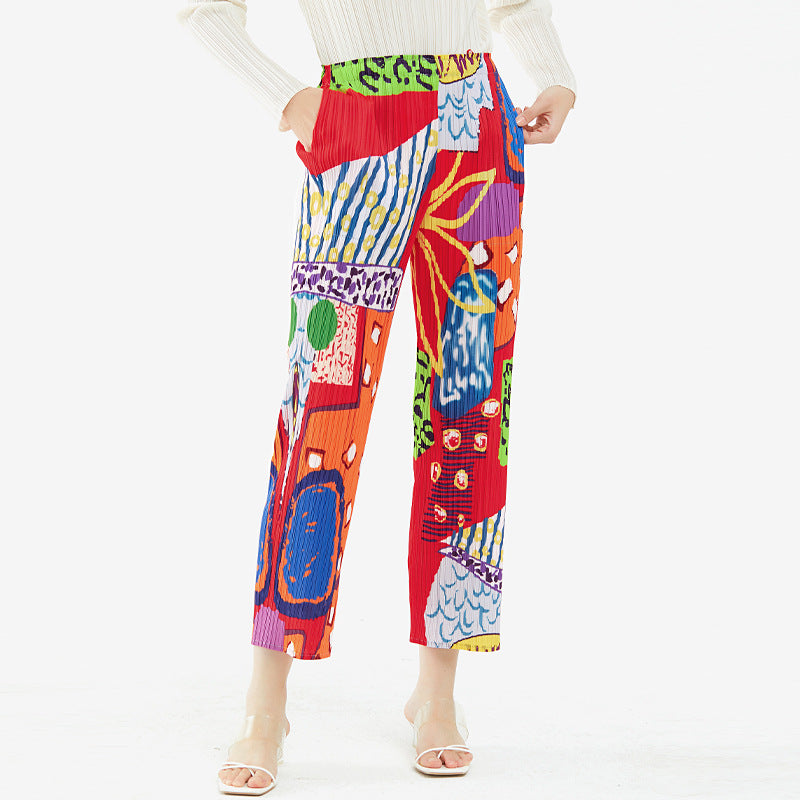 Temperament Printed Waist Pleated Baggy Straight Trousers Casual Pants Trousers for Women
