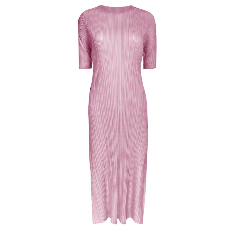 Solid Color Short Sleeve Slim Fit Dress Women's Mid-Length Simple Bottoming Pleated A- line Skirt