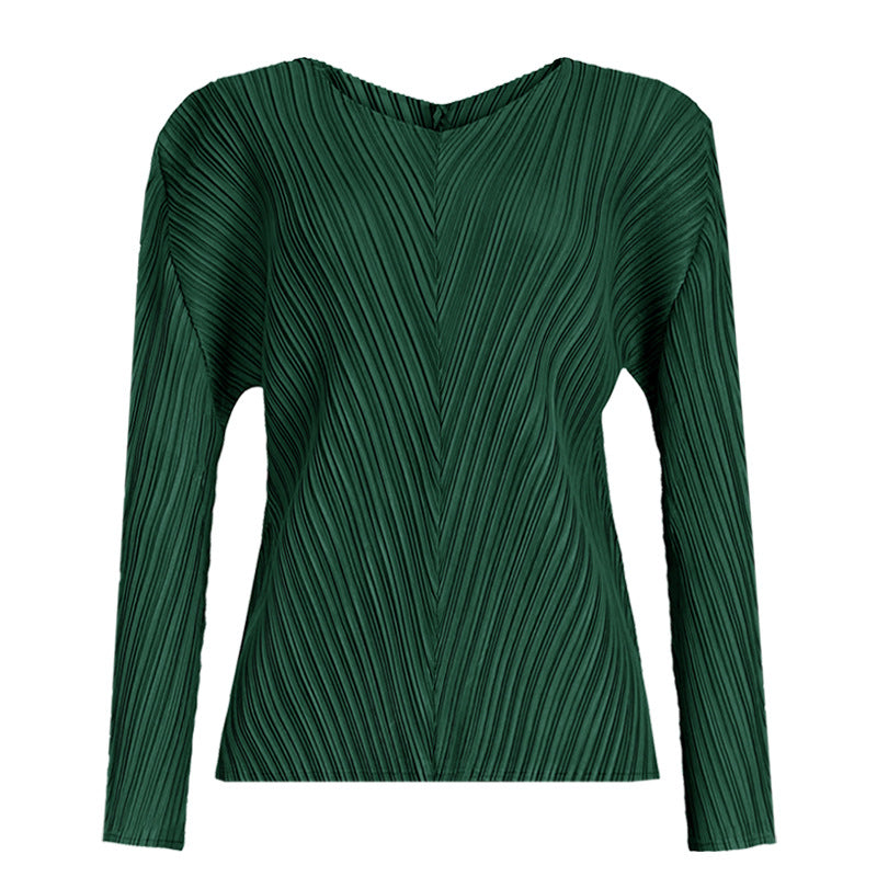 Solid Color Basic Two-Piece Suit Big Hem Skirt Long Sleeve V-neck Top