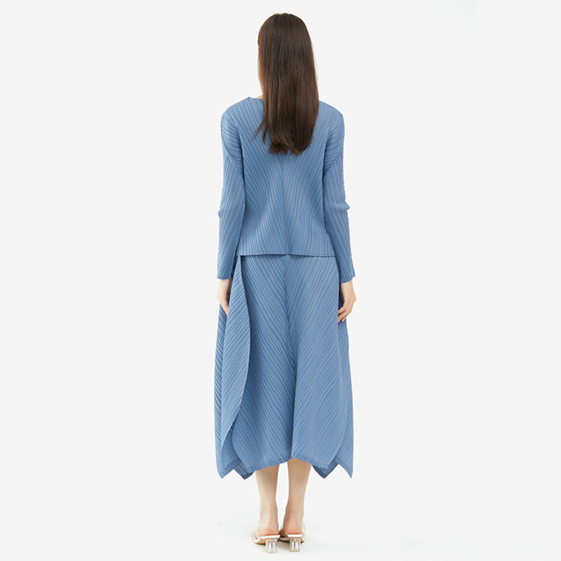 Solid Color Basic Two-Piece Suit Big Hem Skirt Long Sleeve V-neck Top