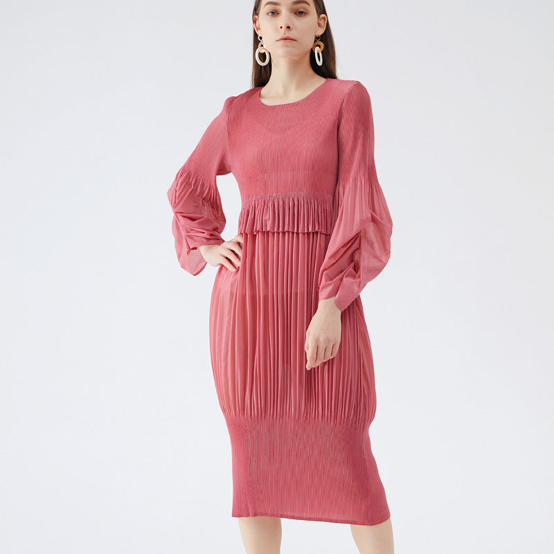 Simple Design Girlish Style Fresh Sweet Pleated Puff Sleeve Lantern Dress Jumpsuit Midi Dress for Women