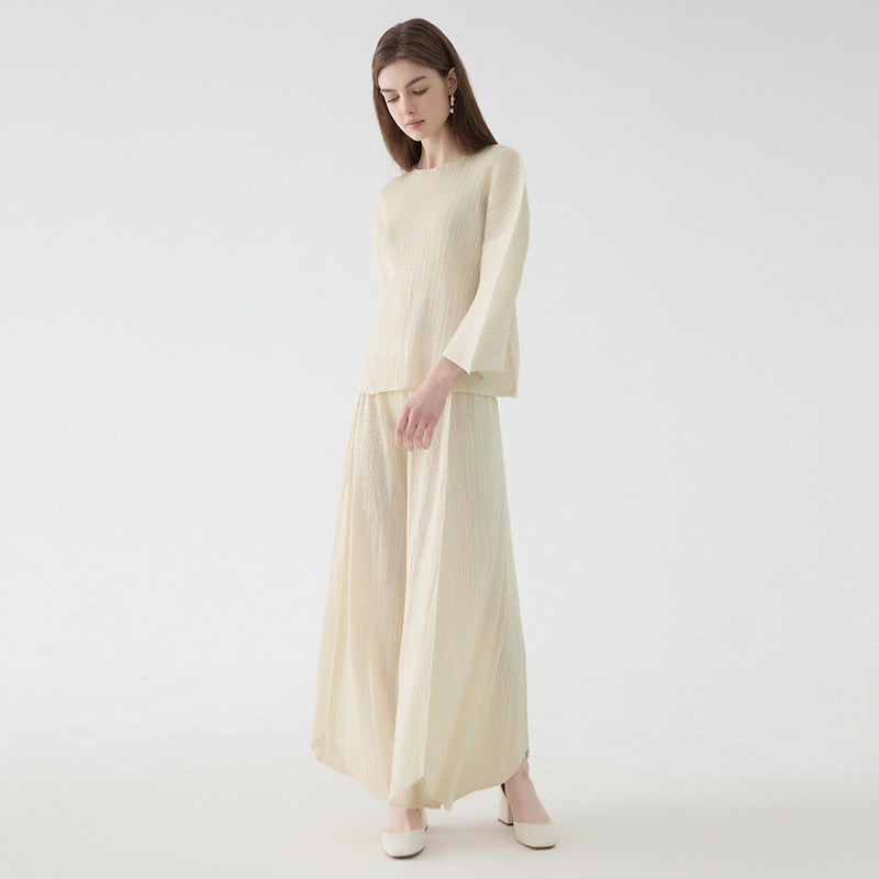 Solid Color Casual Loose Outfit Thin Bell Sleeve Top Wide Leg Wide Leg Pants Two-Piece Set for Women