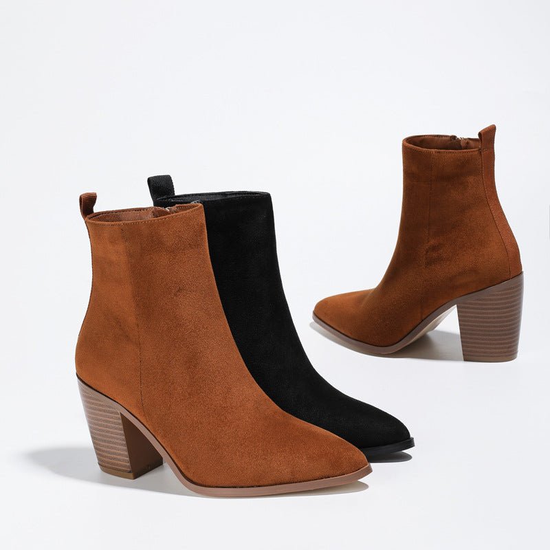 Chunky Heel Martin Boots Women's Slimming Autumn and Winter Suede Side Zipper Thin Short Women's Shoes