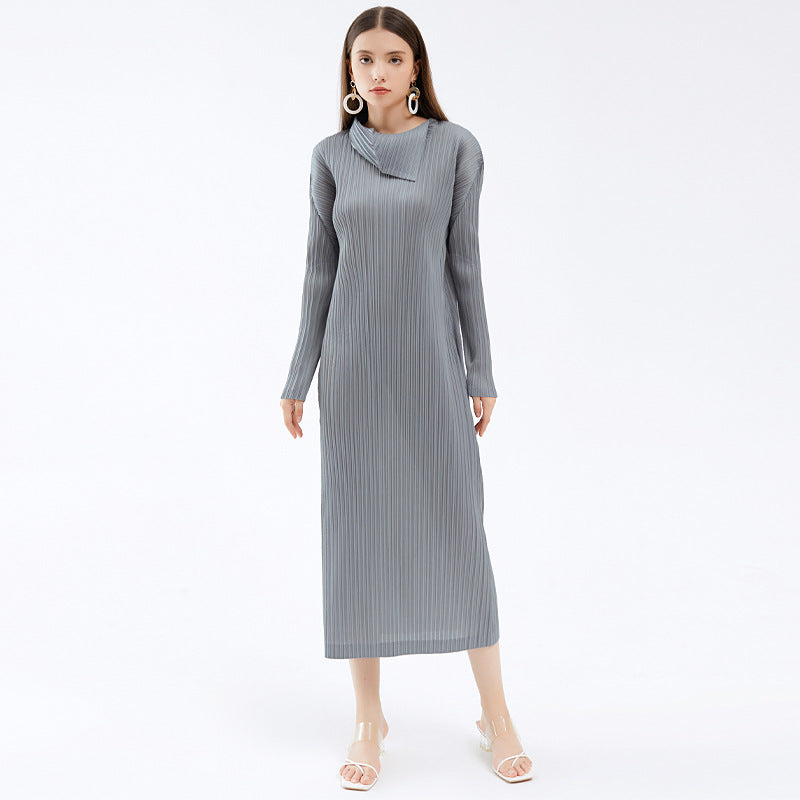 Solid Color Minimalist Long Sleeve Folding Collar Dress Women Slimming Elegant Dress Women