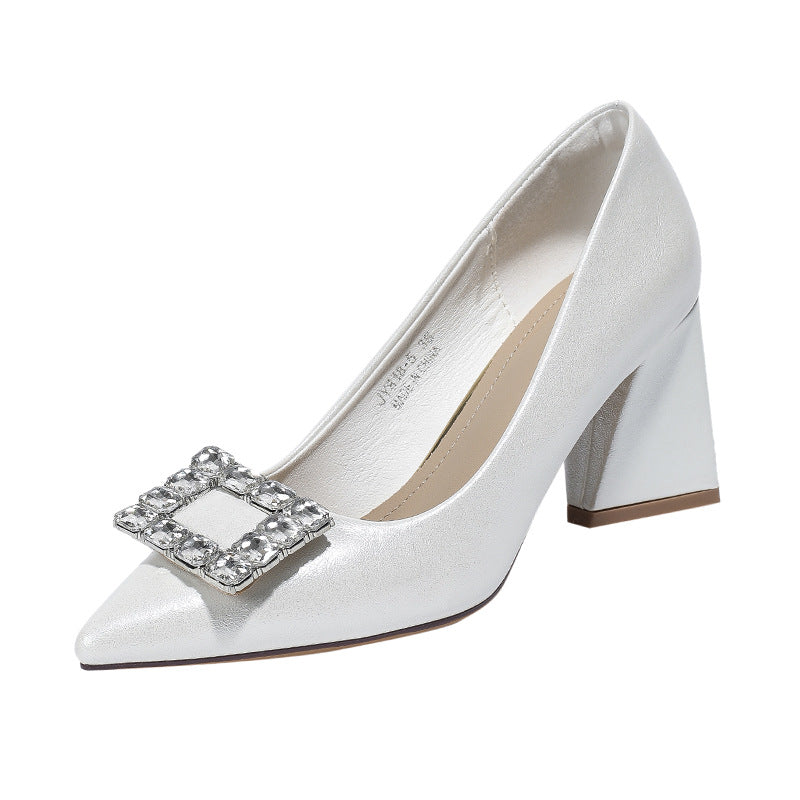 Pointed Toe Heel Shoes for Women Youyagongzhu Rhinestone Square Buckle Chunky Heel Not Tired Feet Pumps