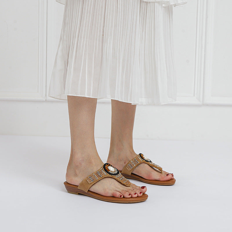 Flip-Flops Beach Shoes Slippers Summer Fashion Outdoor Wear Sea Holiday Side Ethnic Wedge Rhinestone Sandals