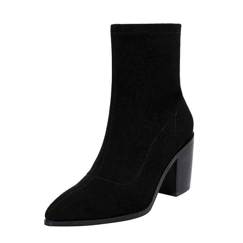 Suede Pointed Toe Chunky Heel Booties Women's Retro Elegant Side Zipper Heel