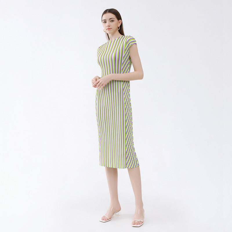 Striped round Neck Sleeveless Pleated Dress Age-Reducing Sleeve Long Slim Fit Straight Skirt
