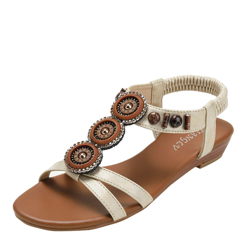 Ethnic Wedge Sandals Summer Bohemian Beaded Beach Shoes Non-Slip Roman Shoes