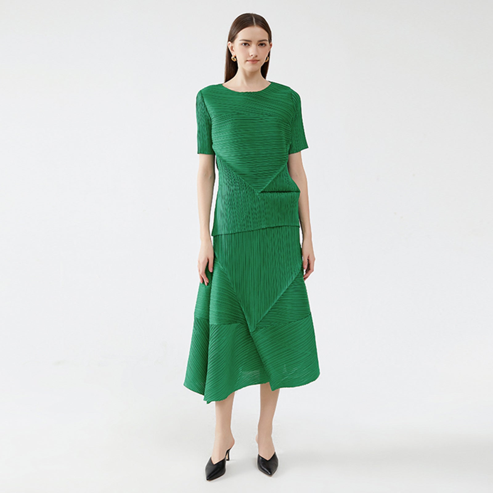 Solid Color Folding Two-Piece Set Elegant Short Sleeve Top and Skirt Suit