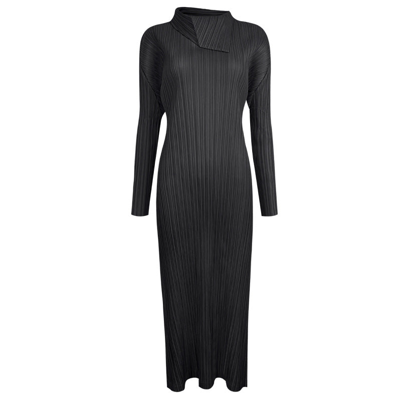 Solid Color Minimalist Long Sleeve Folding Collar Dress Women Slimming Elegant Dress Women