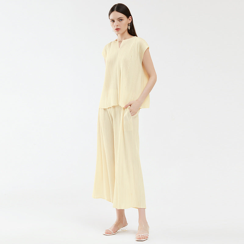 V-neck Top Loose Slimming Wide Leg Pants Suit Casual Two-Piece Suit