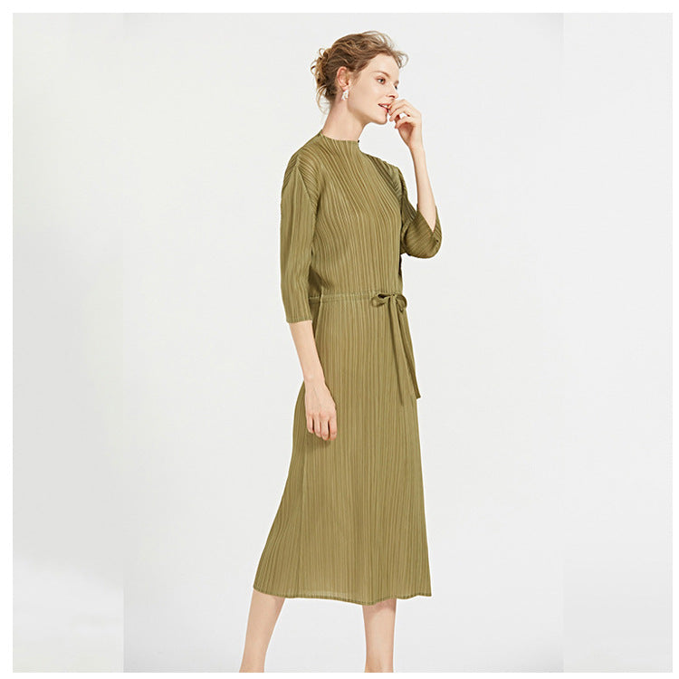 Simple Solid Color Half Collar Mid-Length Pleated Dress Loose A- line Skirt