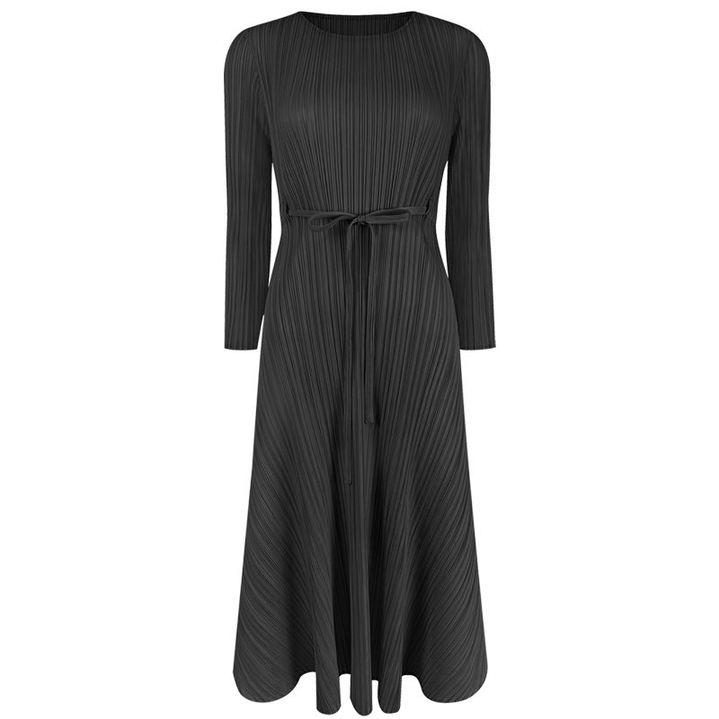 Women's Solid Color round Neck Dress Elegant Slim-Fit Pleated Midi Dress