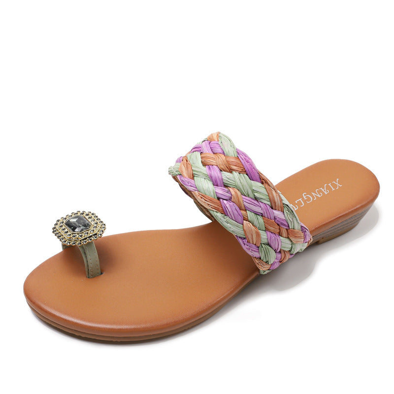 Toe outside Wedge Slippers Woven Bohemian Rhinestone Vacation Beach Shoes