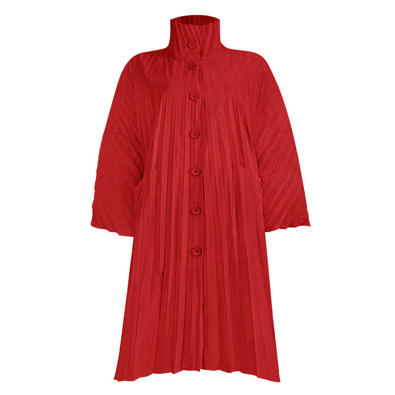 Trench Coat Women's Single-Breasted Solid Color Pleated Texture Trench Coat Women's Mid-Length Coat Fashion