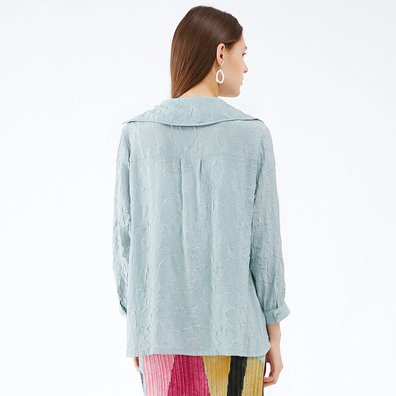 Women's Shirt Pleated Breasted Coat Solid Color plus Size Slimming Elastic Thin Cardigan Top Women