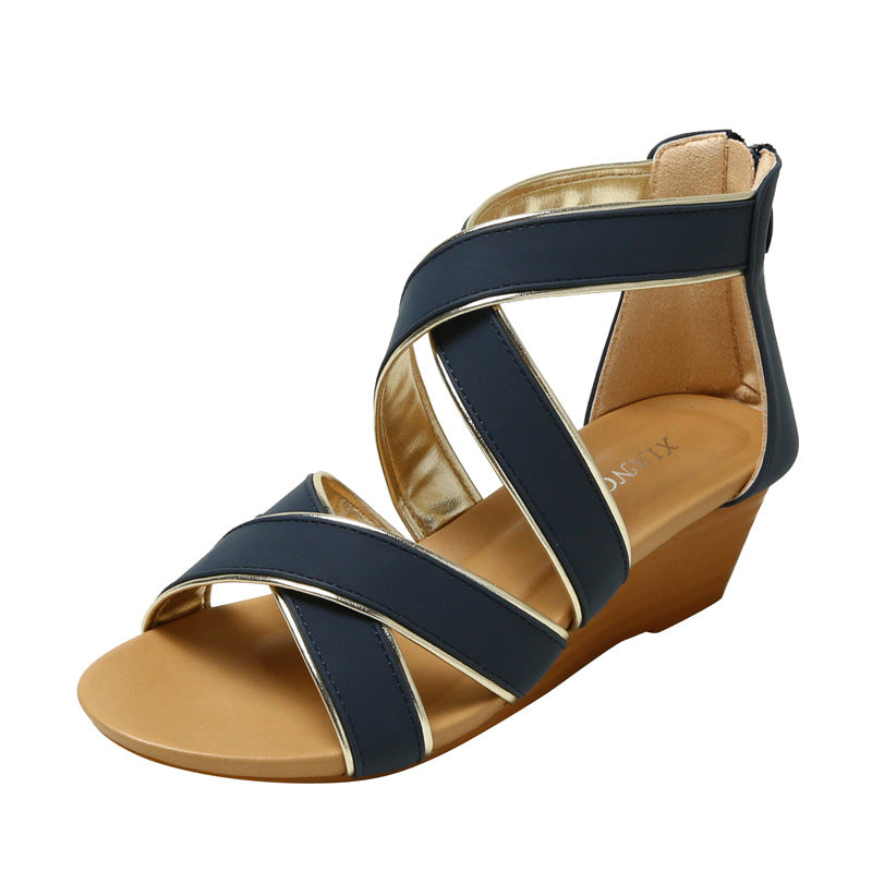 Wedge Roman Sandals Women's Platform Mid Heel Simple Non-Slip Back Zipper Sandals 838-694