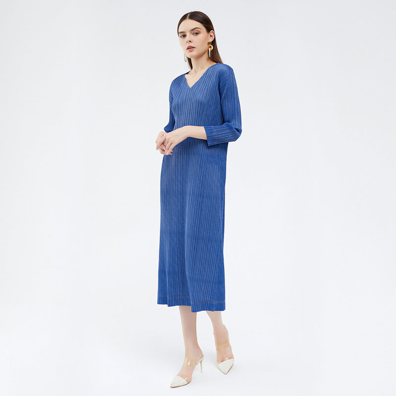 Solid Color Simple Comfortable V-neck Mid-Length Denim Color Dress Skirt
