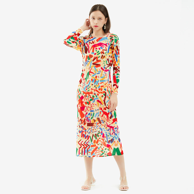 Women's Printed Long-Sleeved Graffiti Pleated Skirt Dress Slim Fit Slimming A- line Skirt Women