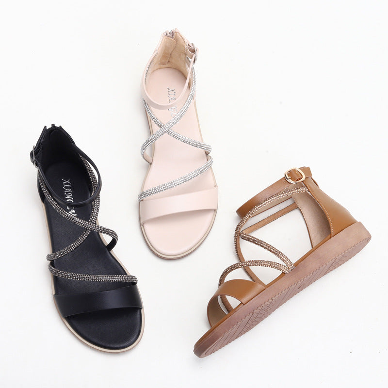 Women's One-Strap Sandals Rhinestone Open Toe Korean Style Flat Bottom Flat Heel plus Size Roman Shoes 1477-9