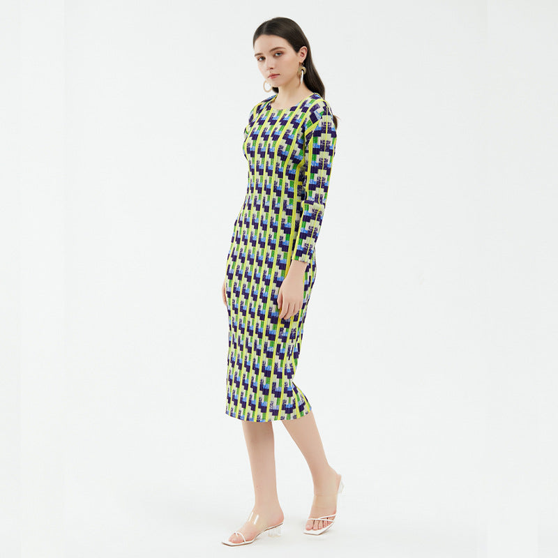 Skirt Niche Houndstooth Printed Long Sleeve Design Sense Dress Women