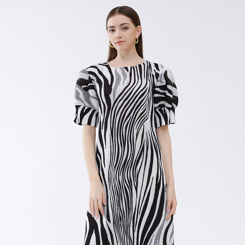 Zebra Pattern Loose Slimming Cute Youth-Looking Lantern Sleeve Dress Women