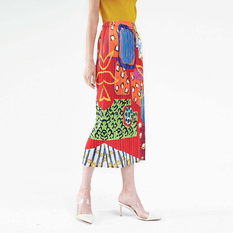 Skirt Niche Printed Pleated Skirt Casual Mid-Length A- line Elegant Style