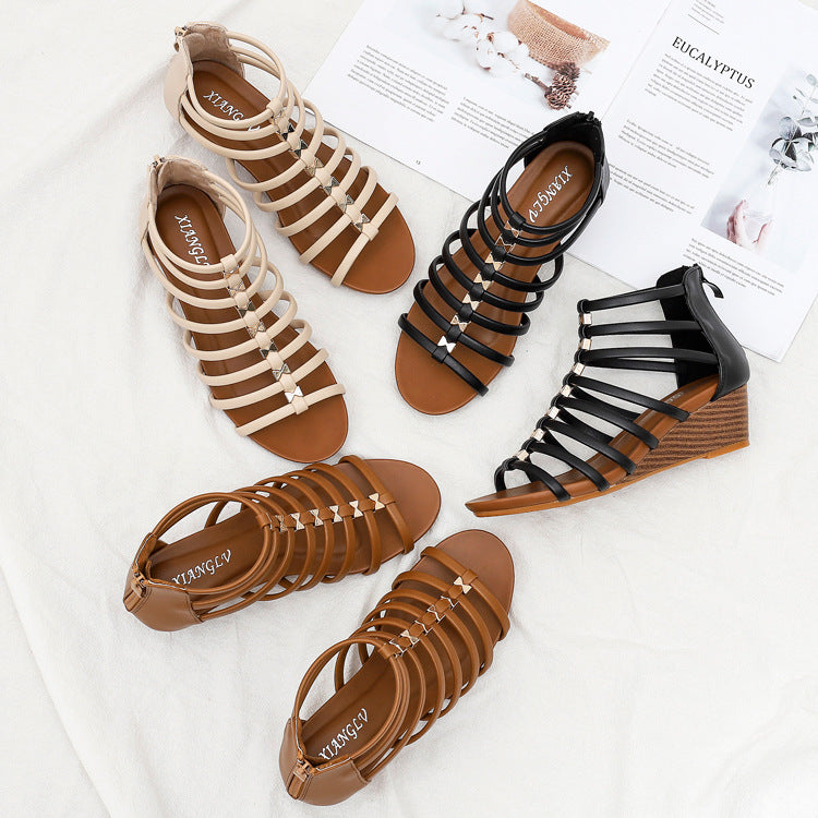 Hollow-out Roman Style Sandals Women's Summer Wedge round Toe Open Toe Comfortable Fashion Fashion Sandals