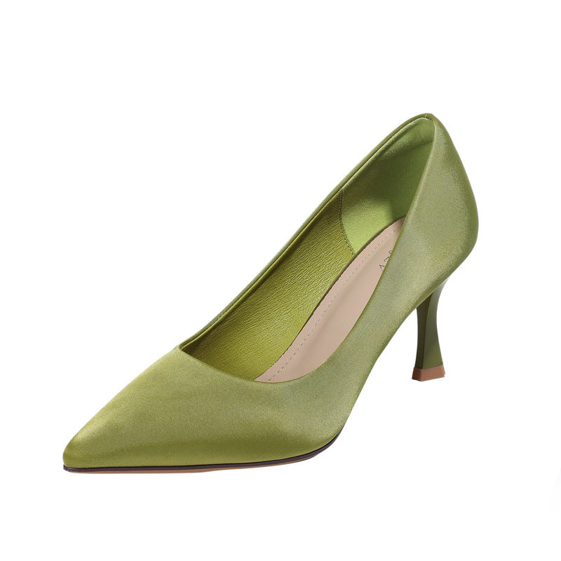 Women's Heel Shoes Fashion Satin Shallow Mouth Small Stiletto Heel Pumps Commuting Work Shoes