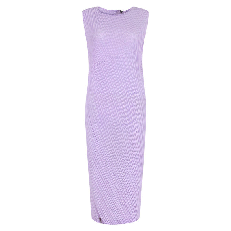 Unique Oblique Waist Slimming Dress Elegant Split Sleeveless Mid-Length Zipper A- line Skirt