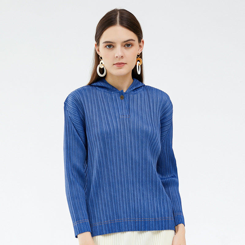 Solid Color BASIC Pleated T-shirt Long Sleeve Casual Top Design Hooded Sweater for Women