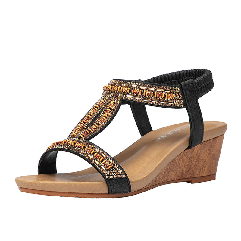 Ethnic Wedge Sandals Women's Rhinestone Travel Sandals Bohemian Heel Shoes