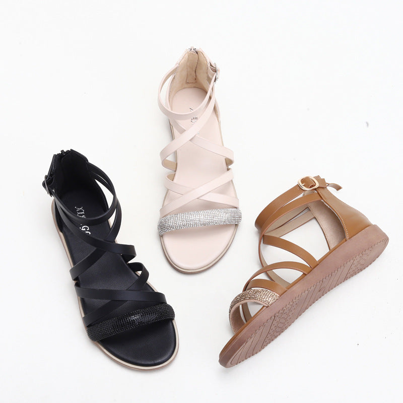 Sandals Women's Fashion Comfortable Mid Heel Pressure Diamond Niche Style with Empty Roman Sandals