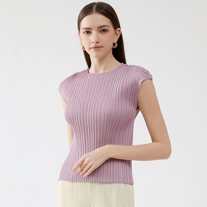 Solid Color Pleated Small Sleeve round Neck Slim Vest Bottoming Shirt Casual Temperament Basic Top
