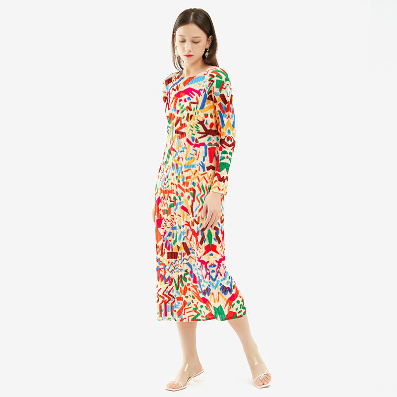 Women's Printed Long-Sleeved Graffiti Pleated Skirt Dress Slim Fit Slimming A- line Skirt Women