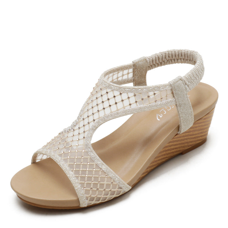 [Sold out on Short in Size Clearance] Women's Wedge Sandals Fashionable Elastic Band Mid Heel Peep Toe Breathable Mesh Roman