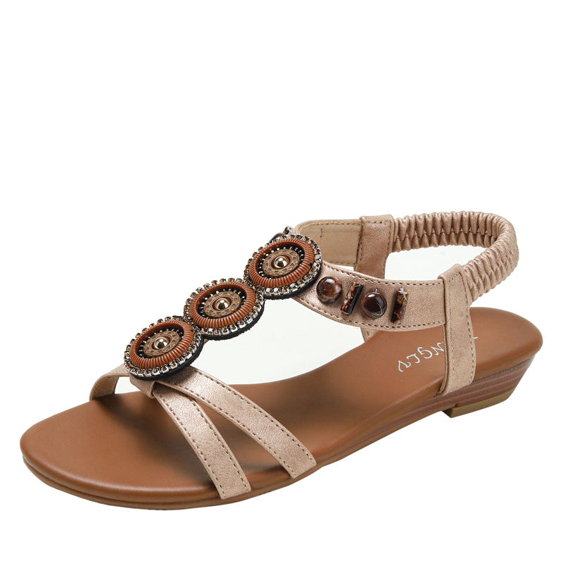 Ethnic Wedge Sandals Summer Bohemian Beaded Beach Shoes Non-Slip Roman Shoes