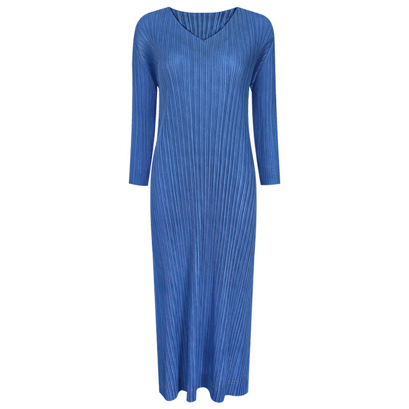 Solid Color Simple Comfortable V-neck Mid-Length Denim Color Dress Skirt