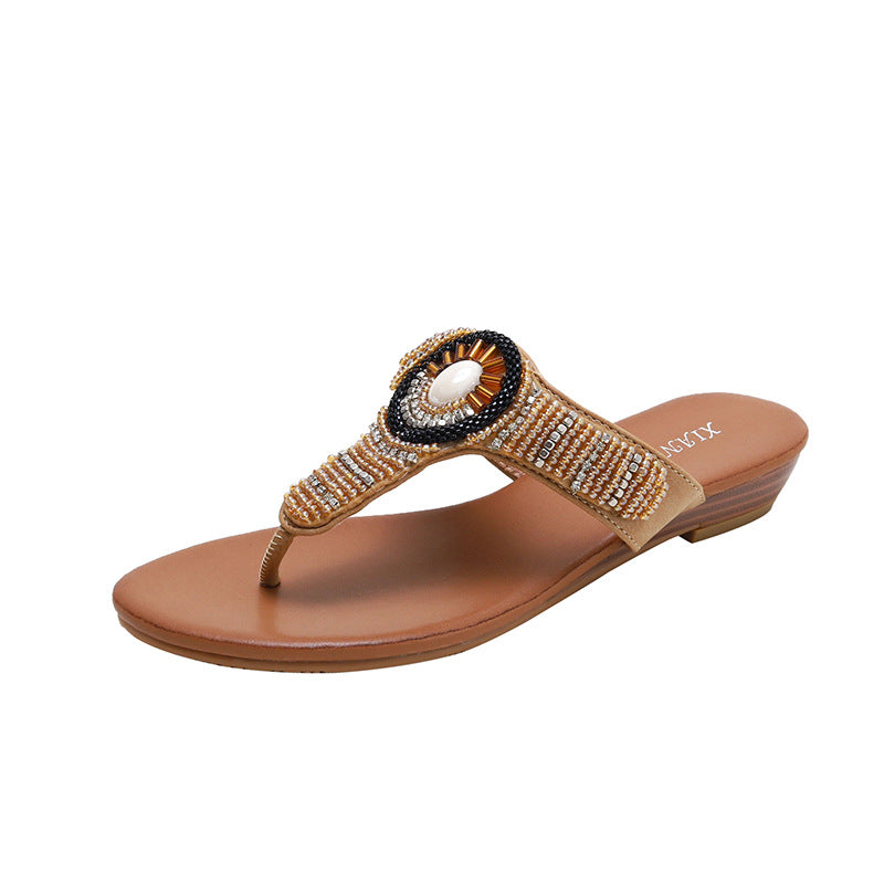 Flip-Flops Beach Shoes Slippers Summer Fashion Outdoor Wear Sea Holiday Side Ethnic Wedge Rhinestone Sandals