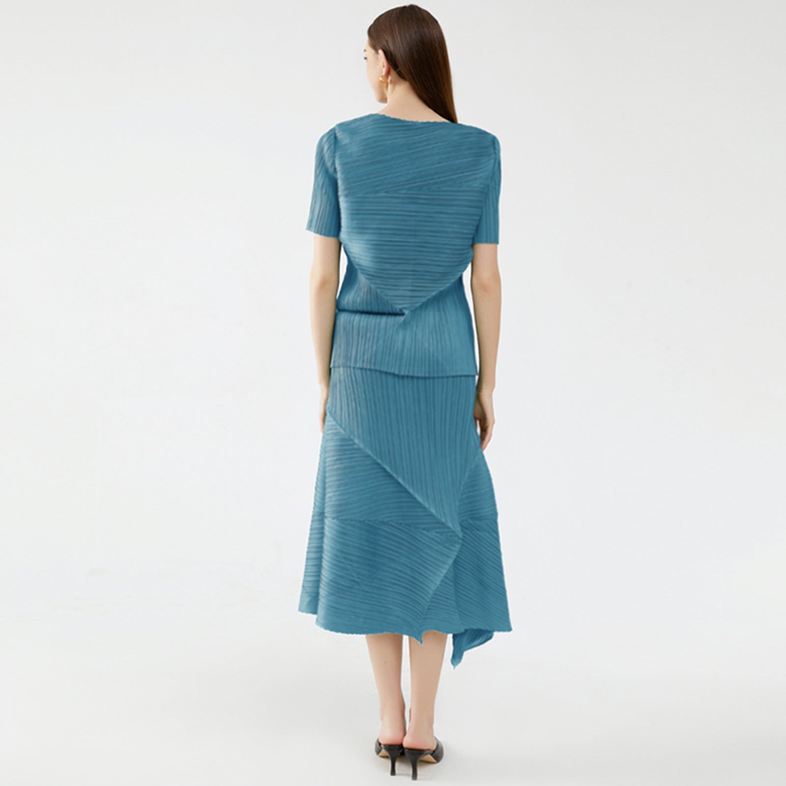 Solid Color Folding Two-Piece Set Elegant Short Sleeve Top and Skirt Suit