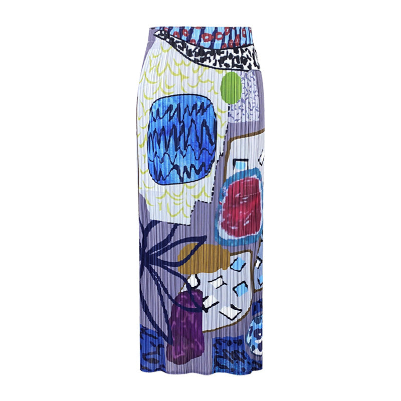 Skirt Niche Printed Pleated Skirt Casual Mid-Length A- line Elegant Style