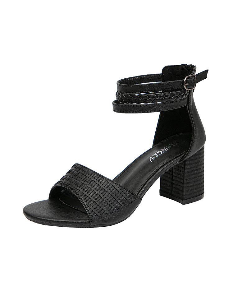 Women's Sandals Stylish Peep Toe Chunky Heel Shoes French Woven Roman Shoes