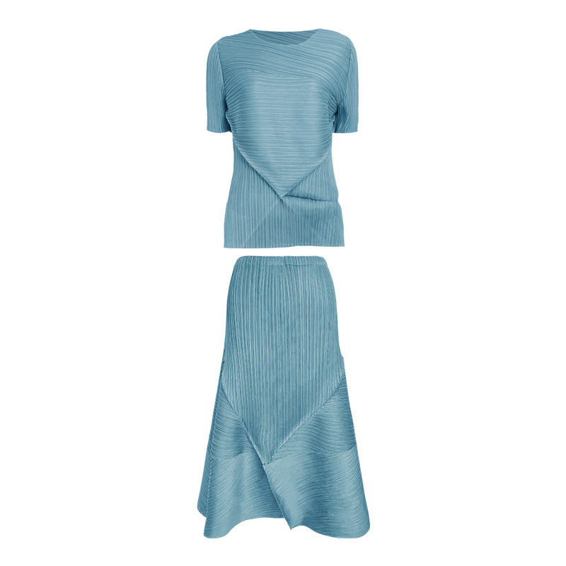 Solid Color Folding Two-Piece Set Elegant Short Sleeve Top and Skirt Suit