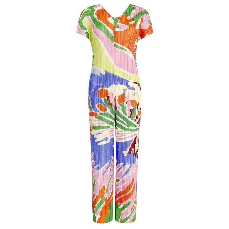 Women's Printed Loose Casual Casual V-neck Straight Jumpsuit