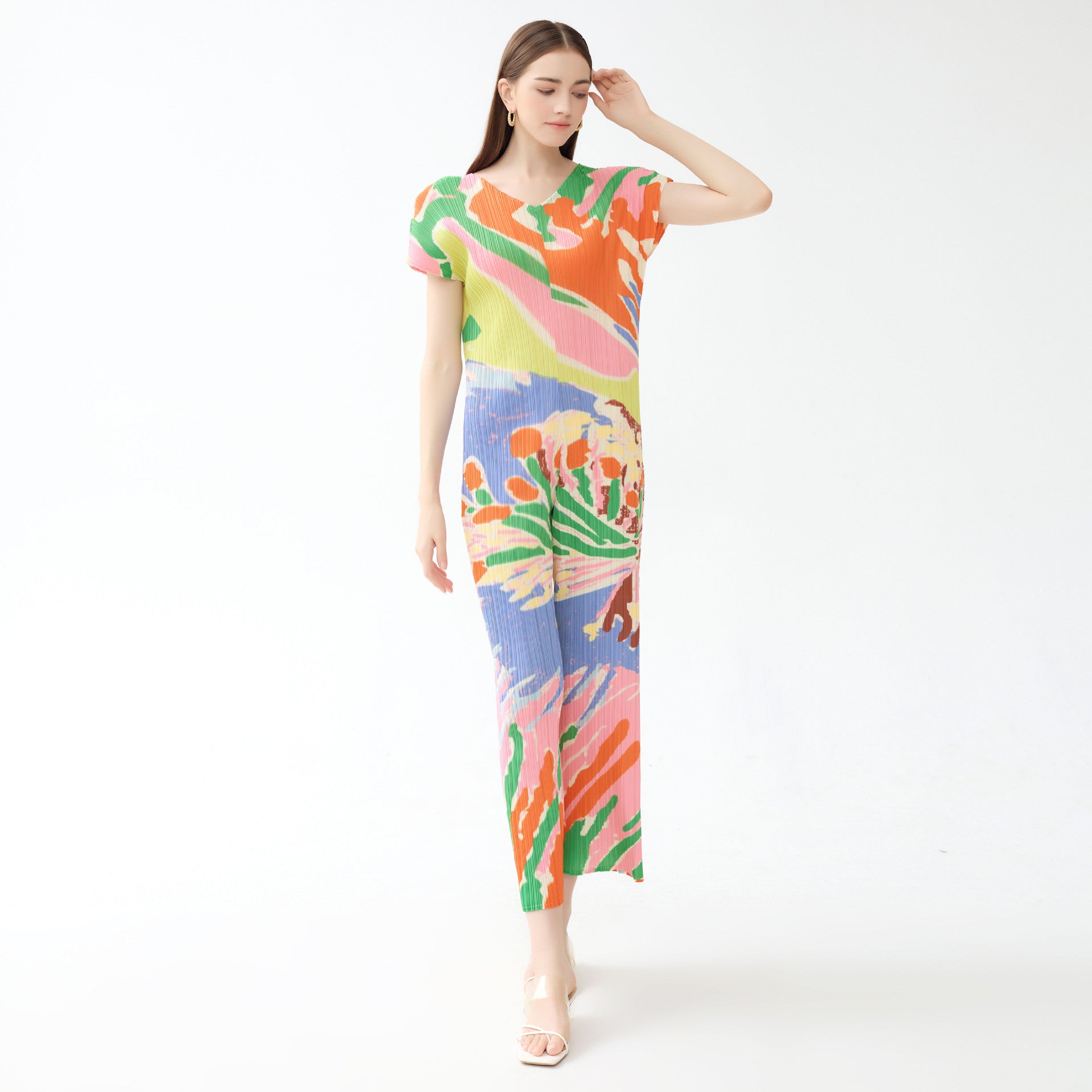 Women's Printed Loose Casual Casual V-neck Straight Jumpsuit